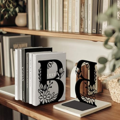 5.3"x4.3"x7.1" Metal Bookends, Heavy Duty Book Ends for Shelves | Letter B with Flower Theme Cast Iron Book Supports, 1 Pair Decor Stoppers for Desk, Library, Office & Home Shelves - style: Letter B with Flower