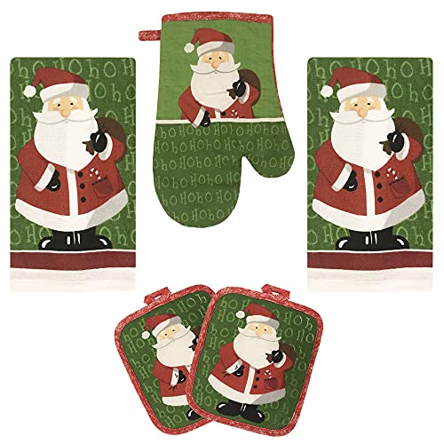 Kitchen Towel 5 Piece Linen Set 2 Towels 2 Pot Holders 1 Oven Mitt (X-Santa) - color: X-santa