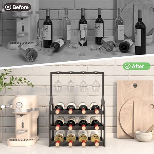 Bamboo Wine Rack Countertop, Small Free Standing Racks Tabletop Display | 12 Wine Bottles and 4 Glass Holder | Wooden Wine Storage Organizer Shelves for Kitchen Bar, Cellar, & Dining Room | Black - color: Black With Glass Holder