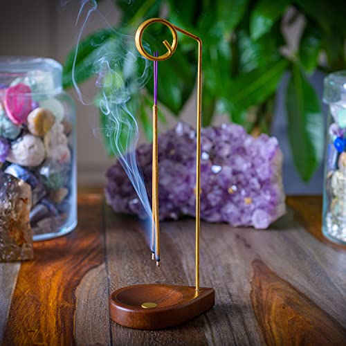 Incense Holder for Sticks - 11.4" Tall Reverse Style Incense Burner Holder with Mess Free Ash Catcher Tray - Modern & Minimalist Design Incense Sticks Holder with Brass & Walnut Wood Elements