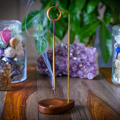 Incense Holder for Sticks - 11.4" Tall Reverse Style Incense Burner Holder with Mess Free Ash Catcher Tray - Modern & Minimalist Design Incense Sticks Holder with Brass & Walnut Wood Elements