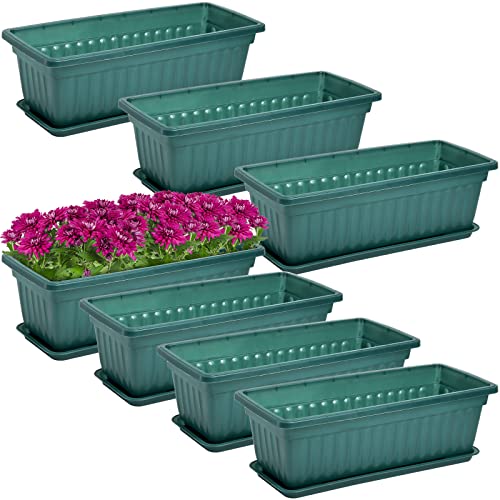 Fasmov 7 Pack 17 Inches Flower Window Box Plastic Vegetable Planters with Trays Vegetables Growing Container Garden Flower Plant Pot with 7 Pcs Plant Labels for Balcony, Patio, Garden, Green - color: 7pack, Green