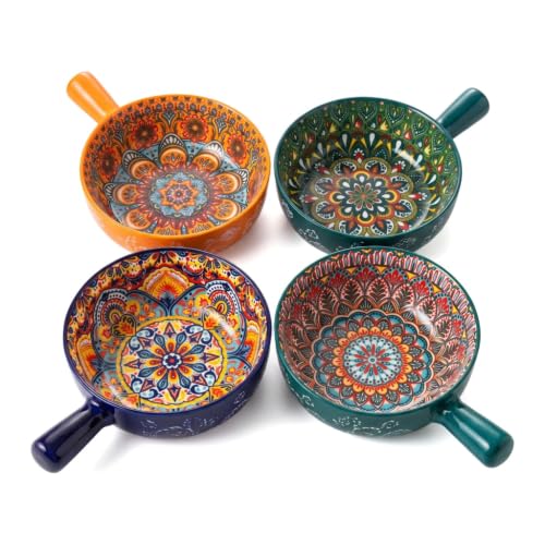 Bohemian Ceramic Soup Bowls with Handles - 21oz Microwave & Oven Bowls Set of 4 - Colorful Floral Bowl for Soup, Cereal, Pasta, Ramen & Salad - Boho Kitchen Decor & Housewarming - color: Mixed Multicolor