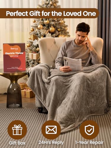 Bearhug Electric Blanket Throw Size, 50" x 60" Heated Blanket with 6 Heating Levels & 4H Auto Shut-Off, Machine Washable Soft Velvet to Sherpa Reversible Heated Throw for Office, Couch and Sofa Taupe - color: Taupe-velvet & Sherpa, size: Throw 50" × 60"