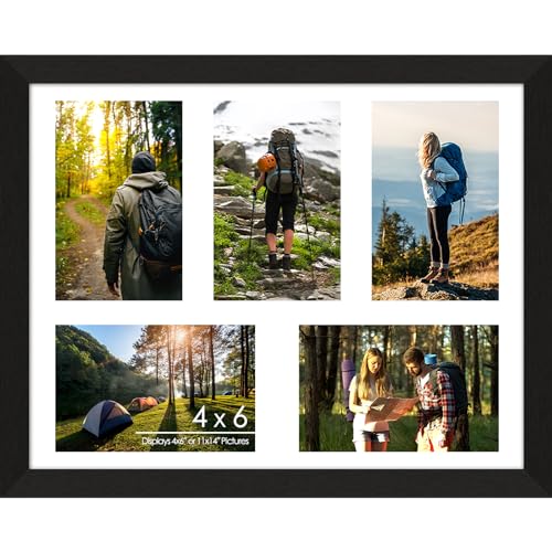 4"x6" Wood Photo Collage Frame 5 Openings, Black Frame, White Mat | Holds 5 4x6 Photos or 11x14 Picture, Multi Picture Frame Collage Wall/ Table Decor Wooden, Horizontal/ Vertical - color: Black Frame & White Mat, size: 5 Openings (11x14) - 4x6"