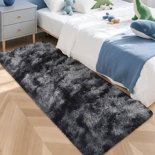 Tie-Dyed Runner Rug for Bedroom Black Grey 2x5ft Fluffy Area Rug Bedside Runner Rug for Kids Room Boys Teens Nursery Baby Living Room Dorm Home Decor Carpets - color: Tie-dyed Black Grey, size: 2' x 5' (Runner)