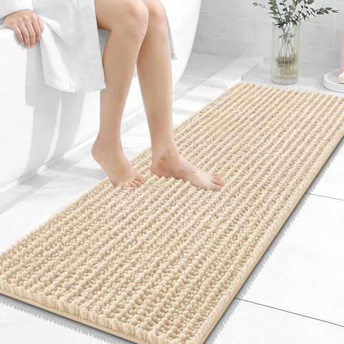OLANLY Bathroom Runner Rugs 47x17, Thick Soft Absorbent Chenille Bath Rugs | Beige, Quick-Drying Rubber Backing, Long Shaggy Bath Mat, Machine Washable for Floor, Tub and Shower, Home Decor Accessories - color: Beige, size: 47" x 17"