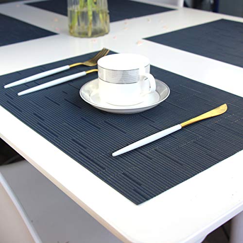 Placemats for Dining Table Woven Vinyl Place Mats Wipe Off Plastic Placemats Stain Resistant Table Mats Set of 6 （Bamboo Navy） - color: Bamboo Navy, size: placemats set of 6