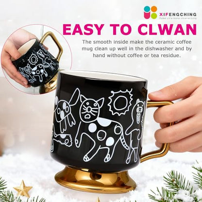 Christmas Mugs Whimsical Animal Ceramic fun Coffee Mug – 14oz Childlike Hand-Drawn Cat, Dog & Bear Design – Cute gothic Coffee Cup Gift for Women, Girls, Kids (Black) - color: Black