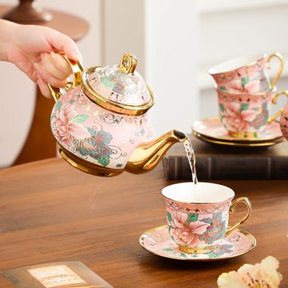 20 Pieces Porcelain Tea Set With Metal Holder, European Ceramic tea set for adults,Flower Tea Set,Tea Set For Women With Flower Painting (Large version, Pink) - color: Pink