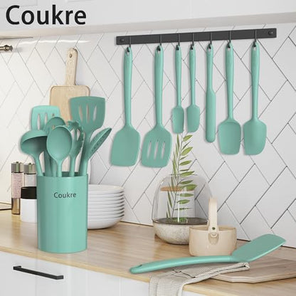 Coukre Silicone Kitchen Cooking Utensils Set, Heat Resistant, 14-Piece | Dishwasher-Safe, Food-Grade Silicone, BPA-Free, Spatulas, Spoons & Turner, Safe for Nonstick Cookware, PureAquaGreen - color: PureAquaGreen