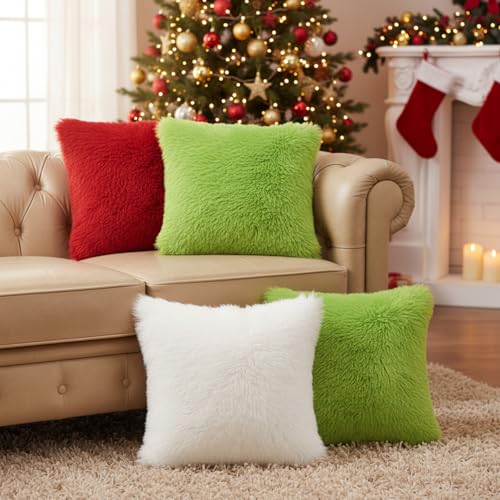 Tiamon 4 Pcs Christmas Throw Pillow Covers Plush Lime Green Red White Pillow Cases 16 x 16 Inch Soft Fluffy Faux Fur Cushion Covers for Winter Holiday Sofa Couch Car Bedroom Decorations - style: Pure