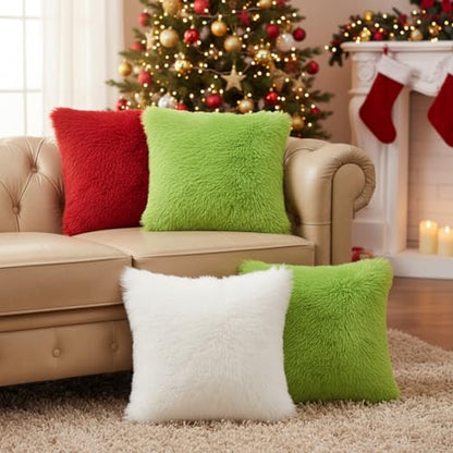 Tiamon 4 Pcs Christmas Throw Pillow Covers Plush Lime Green Red White Pillow Cases 16 x 16 Inch Soft Fluffy Faux Fur Cushion Covers for Winter Holiday Sofa Couch Car Bedroom Decorations - style: Pure