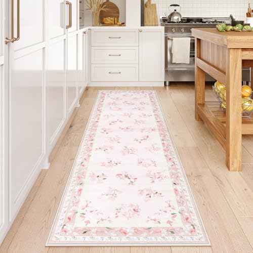 LIVEBOX Floral Girls Rugs for Bedroom, 2 x 6 Washable Nursery Runner Rug, Non Slip Boho Pink Area Rug Soft Runners for Bathroom, Ultra Thin Flower Indoor Carpet Runner for Kitchen, Pink - color: Pink, size: 2' x 6' (Runner)
