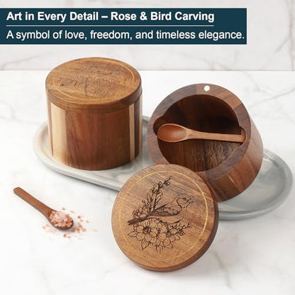 Salt Cellar, 2PCS Salt Container Acacia Wood Salt and Pepper Box for Countertop with Built-in Spoon & Swivel Lid, Wood Salt Holder Bowl for Kitchen, Seasoning Storage (Rose & Bird Engraving) - color: Acacia Wood Rose and Bird Set