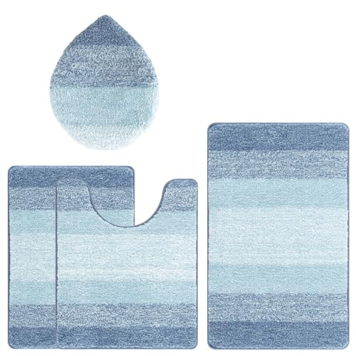 Bsmathom Bathroom Rug Set 4 Piece, Plush Microfiber Bath Mat, Dusty Blue | Super Water Absorbent, Non Slip Machine Washable Bath Rug Sets with Toilet Lid Cover and U-shaped Contour Toilet Mat - color: Dusty Blue, size: 18"x26"+20"x31"+U20"x24"+Cover19"x21