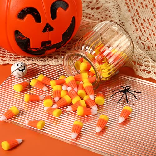 JUNEBRUSHS 50 Pcs Fake Candy Corn Resin Halloween Table Decorations | Artificial Fall Ornaments, Tiered Tray Vase Filler, Jewelry Making, Halloween Crafts - style: Candy Corn Style