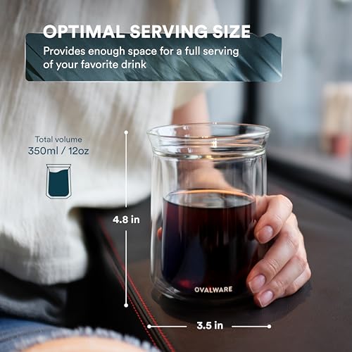 ovalware Double Wall Single Lip Insulated Glass Cup, Set of 2 (12oz / 350ml) - Borosilicate Glass For Coffee, Tea, Whiskey, Cocktails & All Beverages - Minimalistic & Durable Double-Wall Drinking Mug - size: 11.8 Ounces