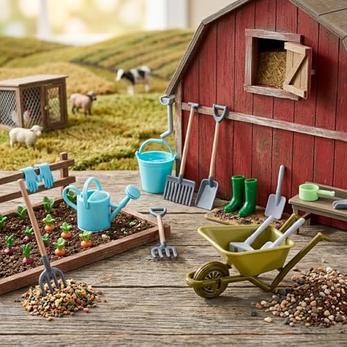 1:12 Scale Miniature Dollhouse Garden Tools Set | Mini Plastic Gardening Kit, Shovel, Rake, Hoe & Watering Can, Fairy Garden, Micro Landscape & DIY Craft Decoration