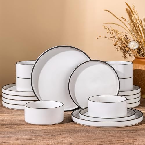 LERATIO Stoneware Dinnerware Sets for 4,12-Piece Matte Plates and Bowls Set | Handmade High Edge Rim Dish Set,Oven & Microwave,Dishwasher Safe,Scratch Resistant-Creamly White - color: White, size: Service for 4