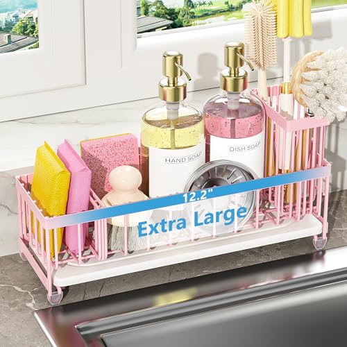 Cisily Extra Large Sink Caddy Organizer with Drying Stone, Pink Sponge Holder for Kitchen, Dish Brush Holder for Countertop, Kitchen Decor Storage and Essentials - color: Pink