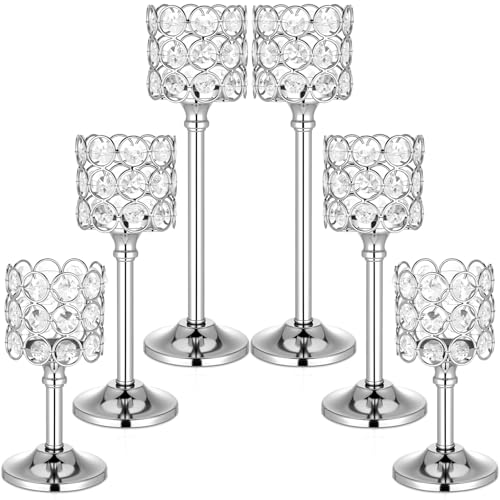 Mumufy 6 Pieces Crystal Candle Holders Set 3 Sizes Tall Crystal Wedding Candlestick Holders Pillar Candelabra Stand for Table Centerpieces for Christmas Party Wedding Dining Decoration (Silver) - color: Silver