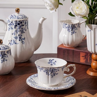 Ceramic Floral Cups with Saucers，7 oz Espresso Cups for Latte Coffee Cafe, Cappuccino and Tea (1, Little Blue Flower) - color: Little Blue Flower