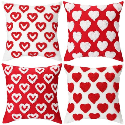 Fourluoo 4 Pcs Valentine's Day Throw Pillow Covers 18x18 Inch Soft Heart Decorative Pillowcase Plush White Red Soft Plush Pillow Covers Cushion Case Decorations for Sofa Living Room Valentine Gift - style: Heart