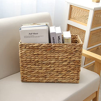 YAHUAN Natural Water Hyacinth Storage Basket with Built-in Handles Stair Basket Magazine Basket Large Wicker Baskets for storage Home Organizing Laundry (Water Hyacinth)