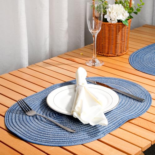 Blue Oval Woven Placemats Cotton Blend Washable Heat Resistant Table Mats for Kitchen Dining Indoor and Outdoor Set of 6 - color: Blue
