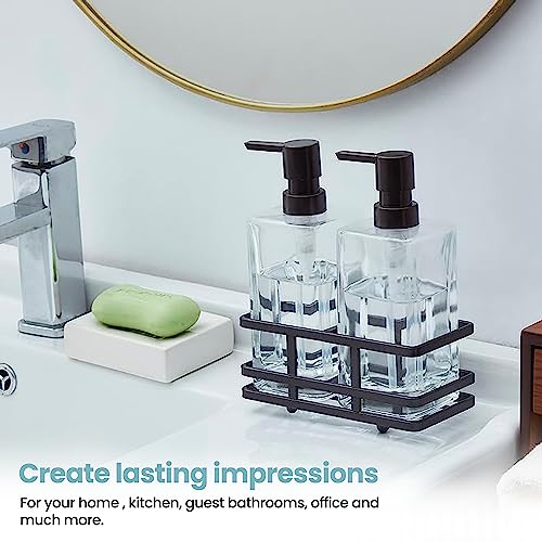 Square Glass Clear Lotion and Soap Pump Dispenser Set with Metal Stand Caddy for Bathroom Bath Kitchen Home Office Travel Hotel Hand Crafted Heavy Weight Oil Rubbed Bronze - color: Oil Rubbed Bronze