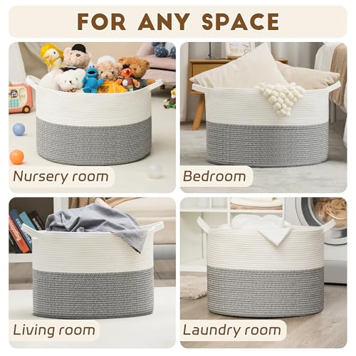 XXXLarge Woven Cotton Rope Basket (21.7" x 13.8") 90L – Blanket Basket for Living Room, Laundry Hamper, Baby Laundry Hamper, Toy Storage, Pillows & Cushions Organizer (White&Grey) - color: White&Grey