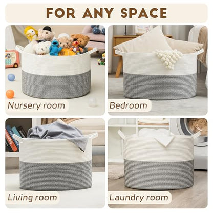 XXXLarge Woven Cotton Rope Basket (21.7" x 13.8") 90L – Blanket Basket for Living Room, Laundry Hamper, Baby Laundry Hamper, Toy Storage, Pillows & Cushions Organizer (White&Grey) - color: White&Grey