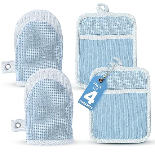 Casa Platino BBQ Gloves & Potholders Set, 4Pc Kitchen Mitts for Oven & Baking, Holder for Hot Pots & Dishes – Heat Resistant Up to 500°F, Non-Slip & Machine Washable – Cornflower - color: 03: Oven Mitts - Cornflower, size: Oven Mitt Set - 4 Pack