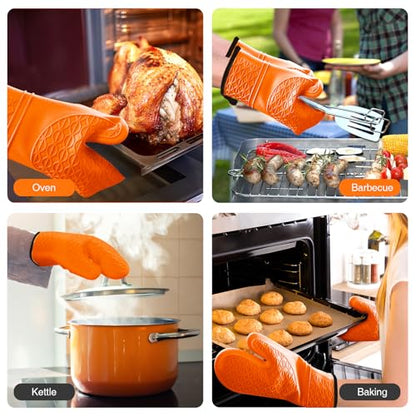 Silicone Oven Mitts, Heat Resistant 2PCS Oven Mitts with Soft Cotton Lining, Waterproof Non-Slip Grip Oven Glove, Kitchen Potholder Mits for BBQ, Baking, Cooking, 12.5 Inch - Orange - color: Orange