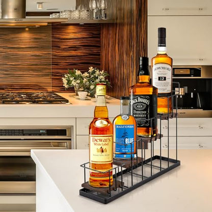 Coffee Syrup Rack Organizer, with Rustic Wood Holder Coffee Station Bar Accessory for Syrup, Wine, Dressing Bottle Countertop Display Storage Stand for Kitchen with Basket and Hooks Holds 4 Bottles