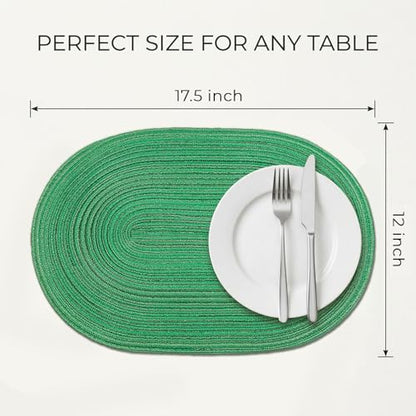 Placemats Set of 4, Woven Oval Braided Dining Table Mats(Green Shine) | 12 x 17.5 Inch Size Fits Plates and Flatware; Hand Washable and Heat Resistant for Kitchen Use, with Farmhouse and Boho Style - color: Green Shine, size: 4 pcs
