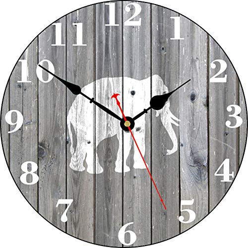 TAHEAT 14 Inch White Elephant Pattern Wall Clock, Retro Country Wooden Grain Clocks, Round Silent Non Ticking Wall Clock, Battery Operated Easy to Read Clocks for Kitchen/Living Room/Bedroom - color: White Elephant Pattern, size: 14 Inch