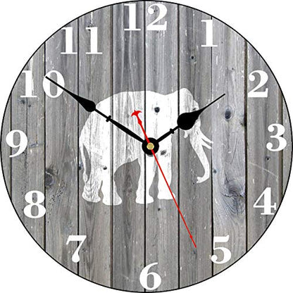 TAHEAT 14 Inch White Elephant Pattern Wall Clock, Retro Country Wooden Grain Clocks, Round Silent Non Ticking Wall Clock, Battery Operated Easy to Read Clocks for Kitchen/Living Room/Bedroom - color: White Elephant Pattern, size: 14 Inch
