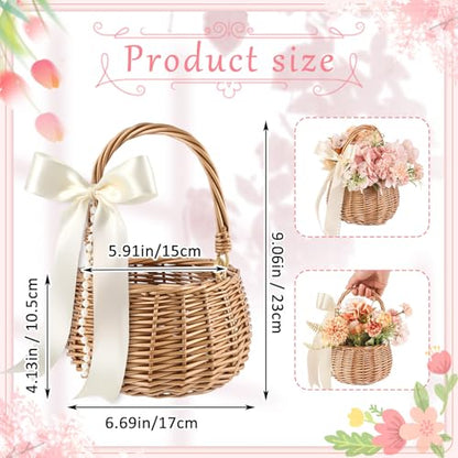 Weysat 2 Pcs Small Flower Girl Basket with Handle, Pearl and Bow, Wicker Rattan Flower Basket Set, Rustic, Cute, Hand Woven for Wedding Girl Home Decorations Picnic Garden Candy Sweets Gifts Storage - style: Pearl and Bow