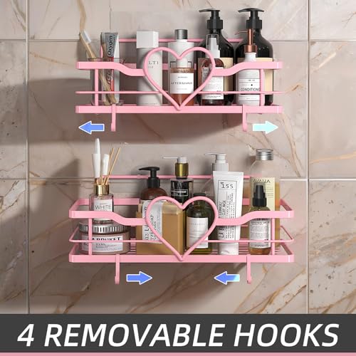 Pink Shower Caddy with 4 Removable Hooks, 2 Pack Sweet Heart Shower Shelves,No Drilling Adhesive Organizer Shelf for Bathroom Shower,Kitchen,Bedroom | Shower Shelf with 4 Removable Hooks,Holds 40 lbs,Rustproof Metal,For bathroom,kitchen,dorm,Cute Shower O