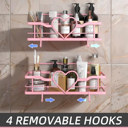 Pink Shower Caddy with 4 Removable Hooks, 2 Pack Sweet Heart Shower Shelves,No Drilling Adhesive Organizer Shelf for Bathroom Shower,Kitchen,Bedroom | Shower Shelf with 4 Removable Hooks,Holds 40 lbs,Rustproof Metal,For bathroom,kitchen,dorm,Cute Shower O