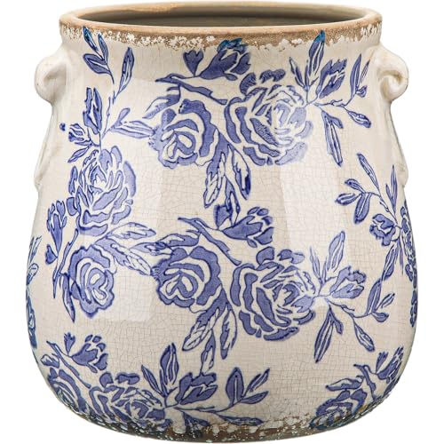 Ceramic Scroll Planter 6.5 Inch Chinoiserie Floral Vase with Drainage Holes Vintage Flower Vase Flower Pot Rustic Ceramic Pots for Indoor Plants Garden Home Bookshelf Decor (Blue) - style: Blue