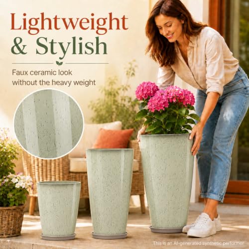 Neoaider Set of 3 Tall Planter, 24/21/12in Large Plastic Planter, DripGlaze | Ceramic-Look, Lightweight, Built-in Drain Hole, Saucers, Tall Outdoor Planter for Porch, Garden, Patio, Balcony - color: Drip Glaze