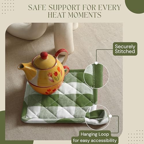 Buffalo Plaid Check Oven Mitts and Pot Holders Set, 100% Cotton, Heat Resistant, 2 Oven Gloves (7x13 Inches) and 2 Hot Pads (8x8 Inches) for Cooking and Baking, Mint Green White - color: Mint Green, Buffalo Plaid