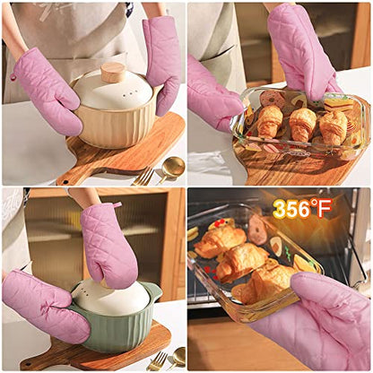 AUAUY Pink Oven Mitts, 1 Pair Kitchen Mittens, 392°F Heat Resistant Oven Gloves Non-Slip Kitchen Gloves for Oven, BBQ Gloves-Oven Mitts Infill Cotton Cooking Gloves for Oven Grilling Cooking Baking - color: Pink