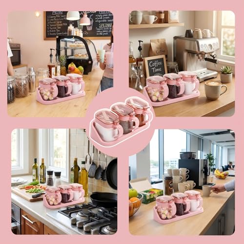 3 PCS Glass Coffee Sugar Container Set, 10oz Pink Spice Jars with Labels, Scoops and Tray, Seasoning Box Salt Containers Condiment Jar Set for Kitchen, Coffee Beans, Sugar, Tea, Candy