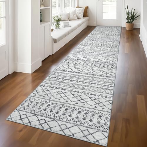 KUTA Moroccan Boho Geometric Washable Runner Rug 2.6x12 Grey Vintage | Non-Slip, Non-Shedding, Low Pile, Ultra Soft Floor Carpet Rugs for Hallway Kitchen Entryway Bedroom Laundry Foyer - color: Grey, size: 2'7" x 12' (Runner)