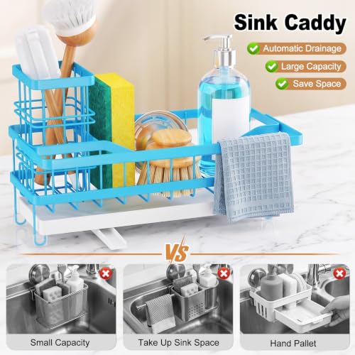 Sponge Holder for Kitchen Sink, Self-draining Sink Caddy with Towel Rack and Brush Holder, Metal Kitchen Countertop Organizers and Storage Essentials, Blue - color: Blue