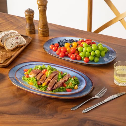 vancasso Ceramic Serving Platters Set of 3, Oval 16/14.7/13.5 Inch Stoneware Serving Dishes for Entertaining, Microwave Safe Serving Trays for Food, Turkey, Cheese, Party, Reactive Glaze Blue - color: Blue